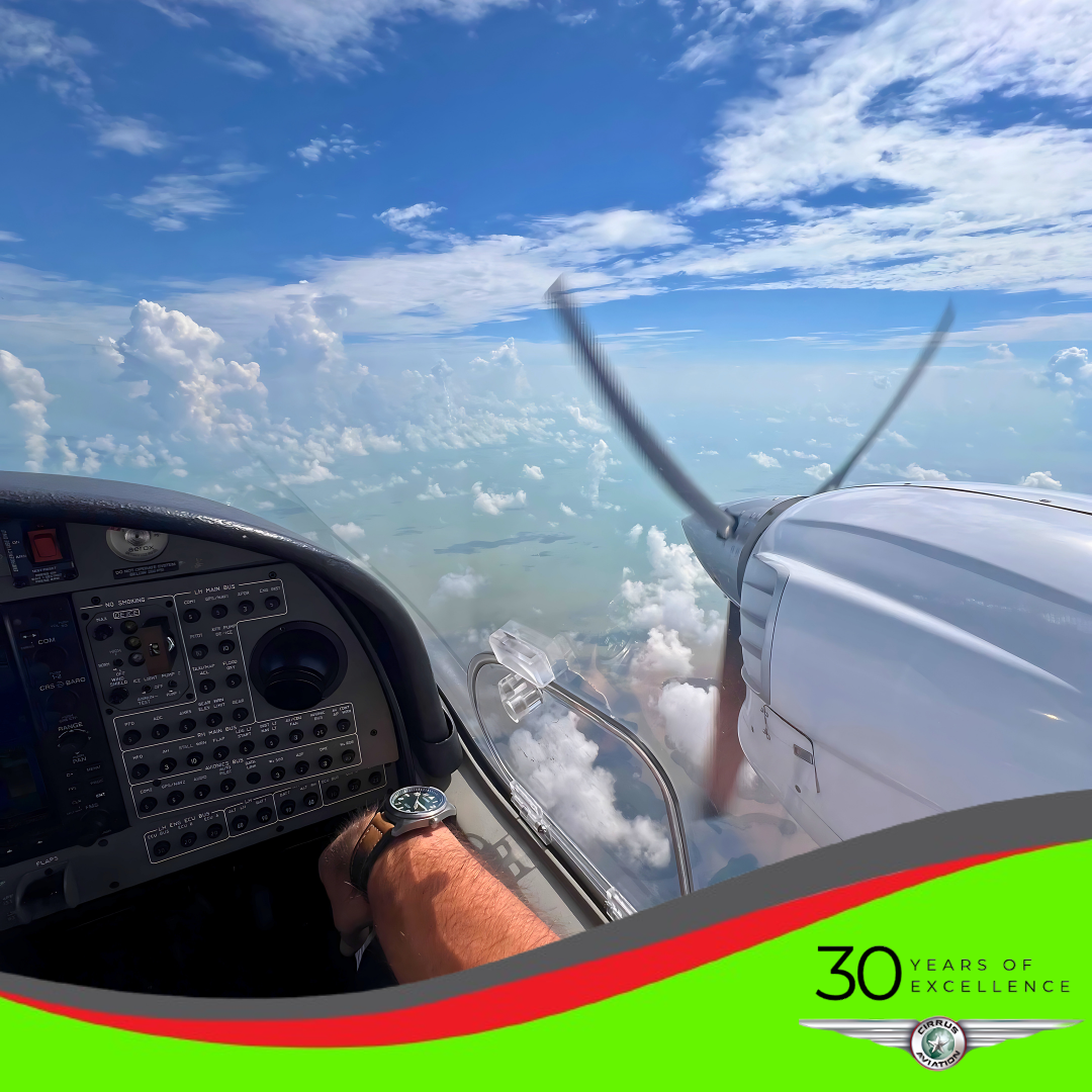 View from the cockpit of an aircraft of the clouds below during flight
