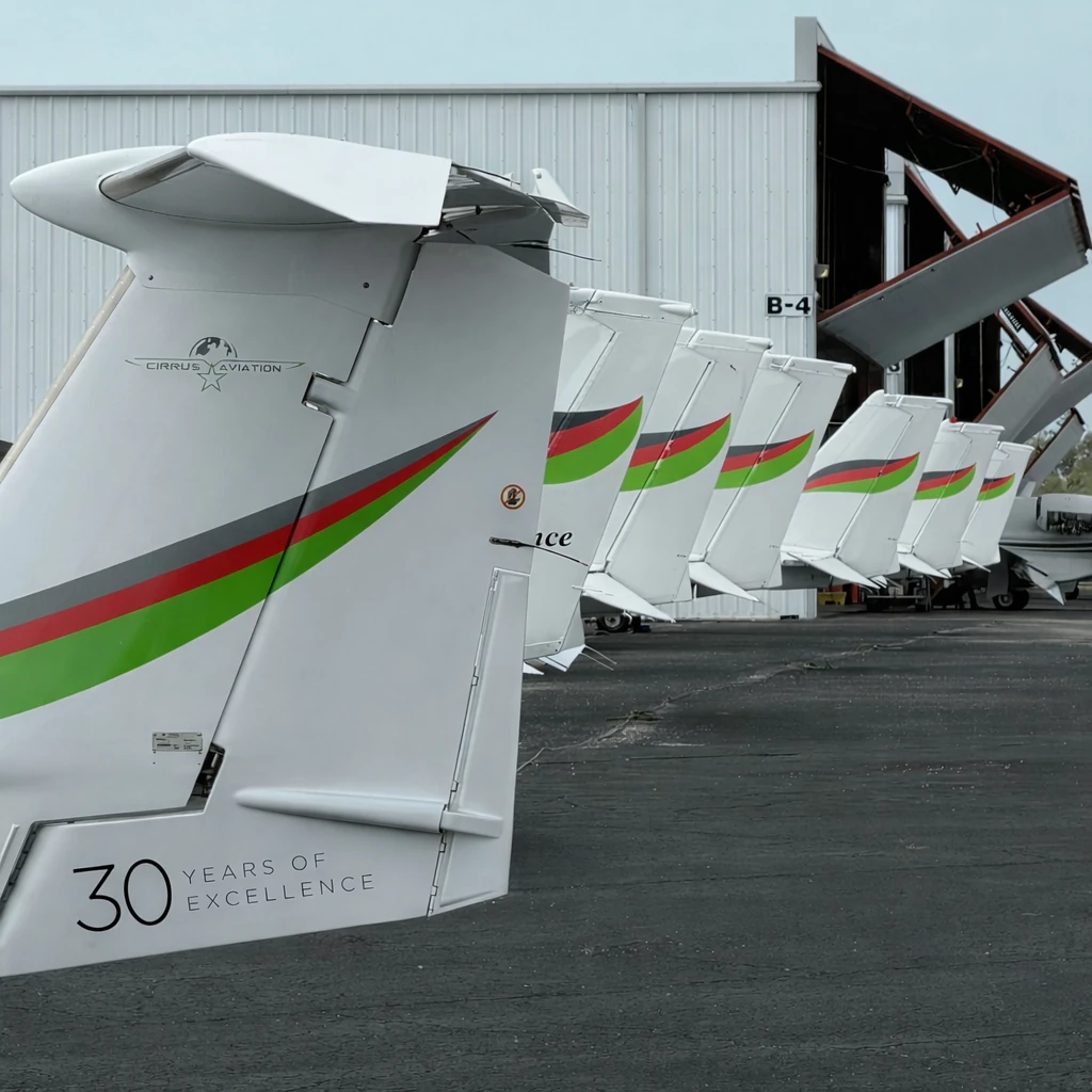 Cirrus Aviation aircraft tails lined up beside the maintenance hangar at KSRQ
